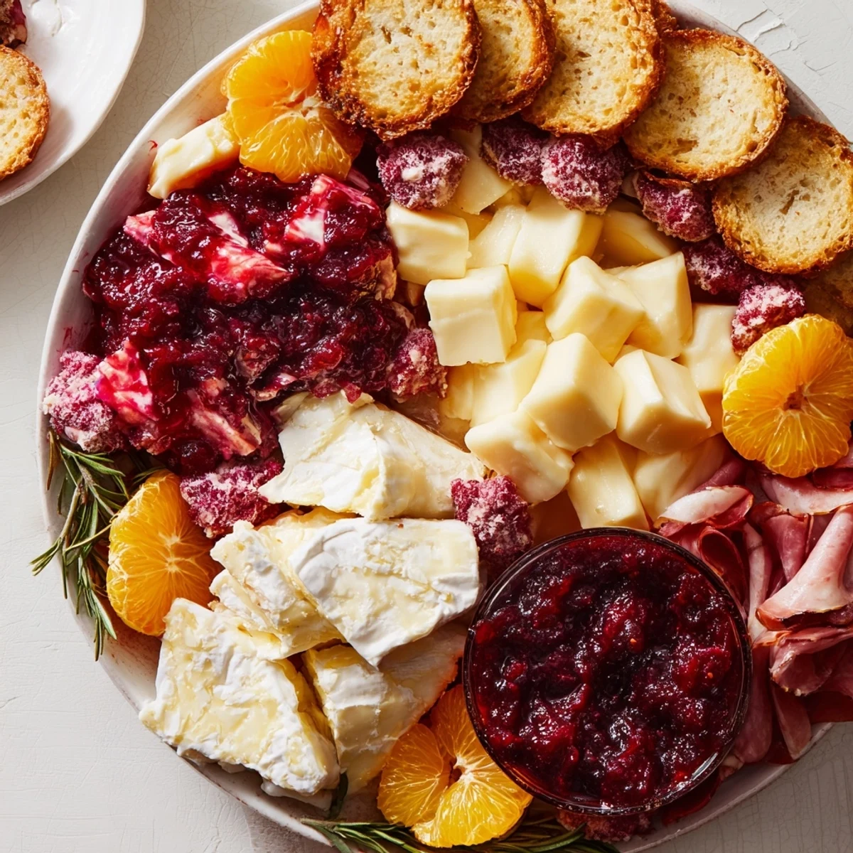 Vibrant Cranberry Wreath Platter with creamy Brie, cheddar, and tangy cranberry sauce ready to eat.