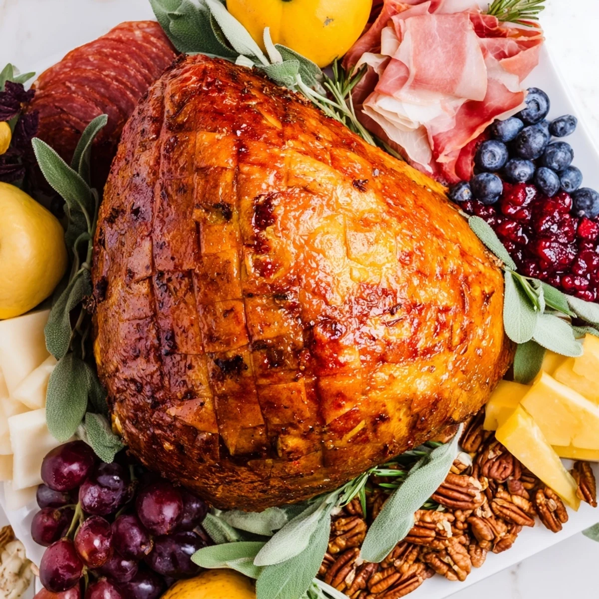 Thanksgiving Turkey Legs Charcuterie on a wooden board, ready to serve with seasonal fruits, nuts, and cheeses.