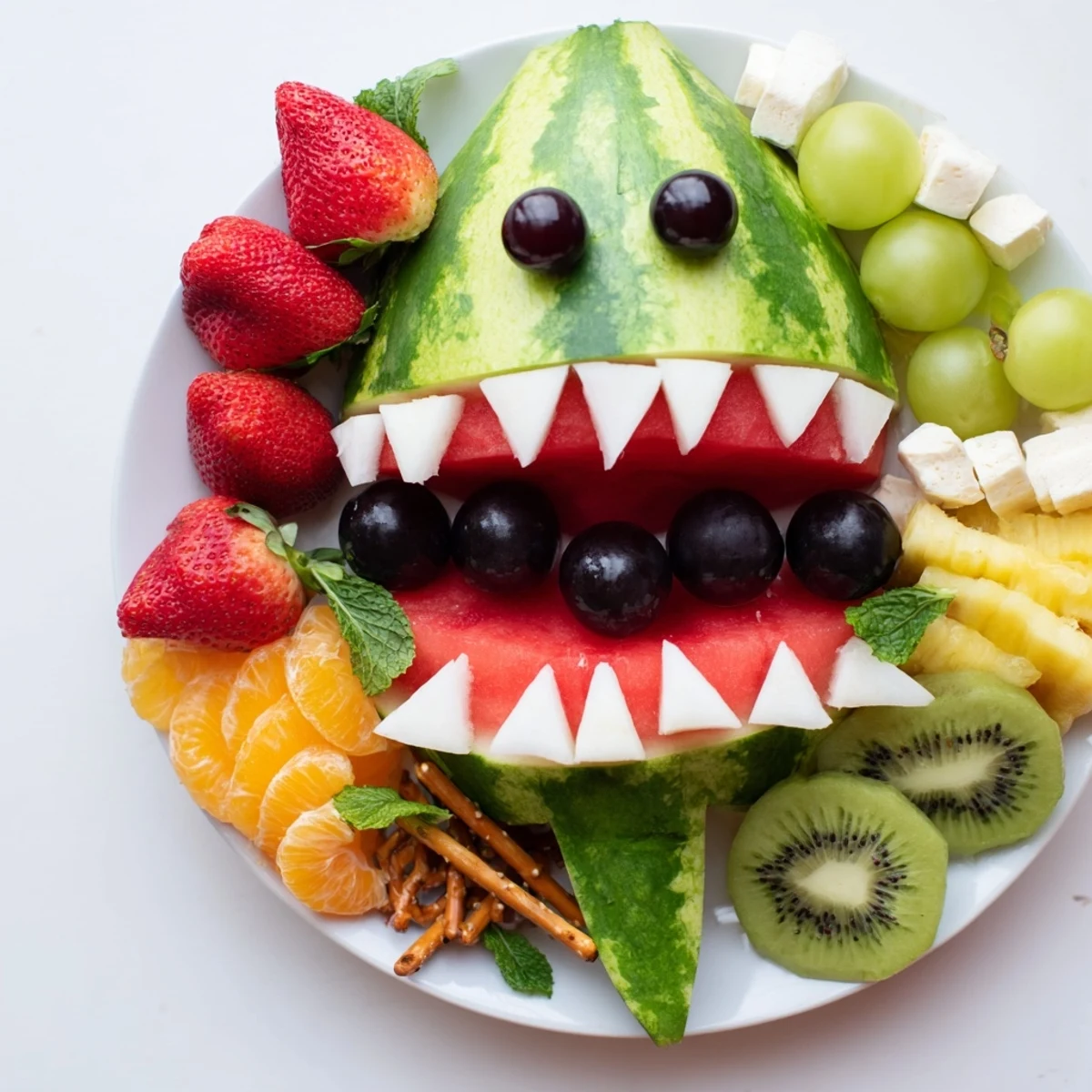 A vibrant Watermelon Wave Shark Snack Board overflowing with juicy fruit and salty pretzels.