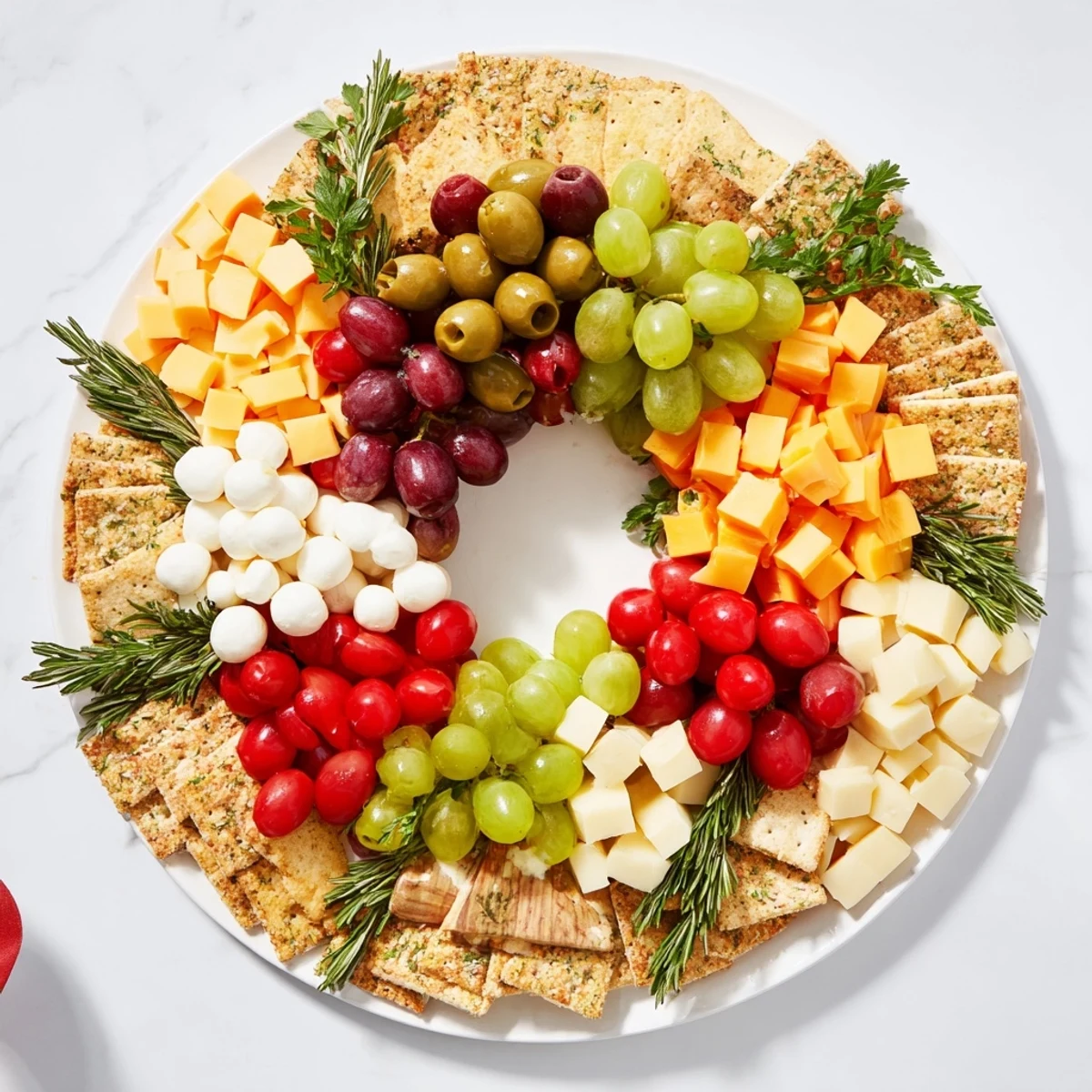 Fresh mozzarella and cheddar cubes mingle in this holiday Jingle Bell Cheese & Cracker Wreath, ready to serve!