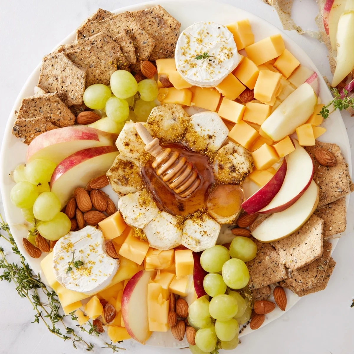Fresh fruit and almonds complement the honeyed flavors in this easy Busy Bee Honeycomb Snack Plate.