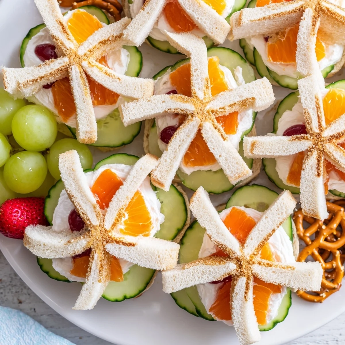 Beach Day Starfish Snack spread arrangement with colorful fruits and playful starfish sandwiches.