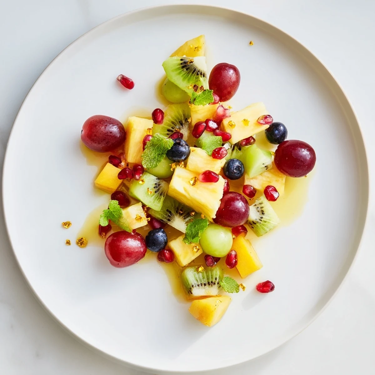 Vibrant Three Kings Royal Fruit Platter, showcasing colorful fresh fruits drizzled with honey-lime dressing.