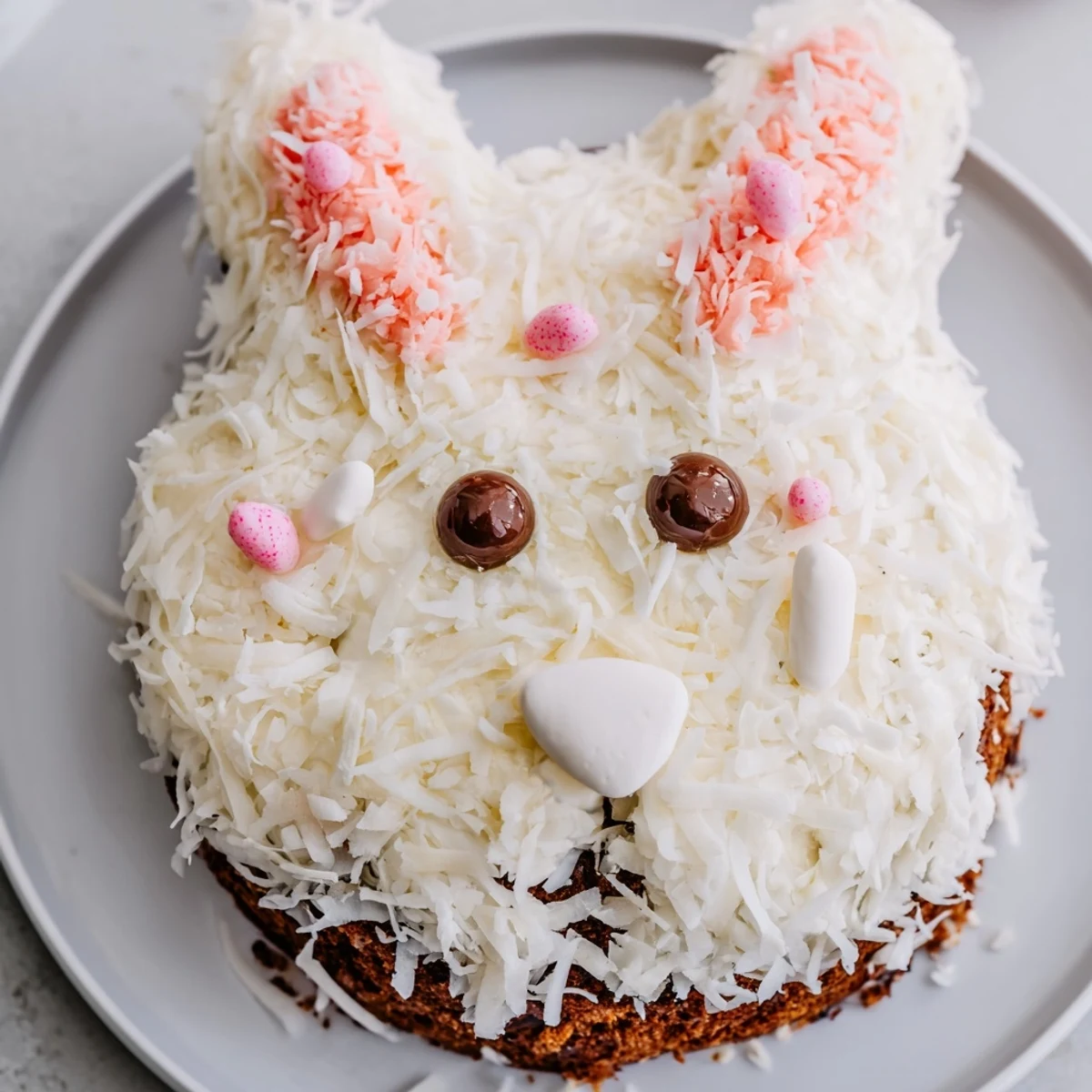 Moist Spring Bunny Carrot Cake decorated with fluffy cream cheese frosting and coconut fur.