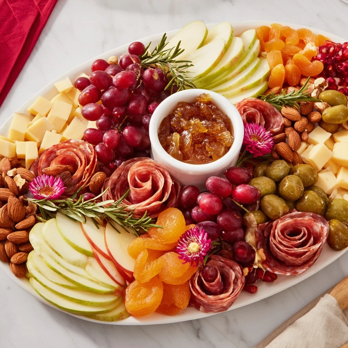 Festive Holiday Bow Appetizer Platter loaded with cheeses, meats, and colorful fruits, perfect for holiday entertaining.