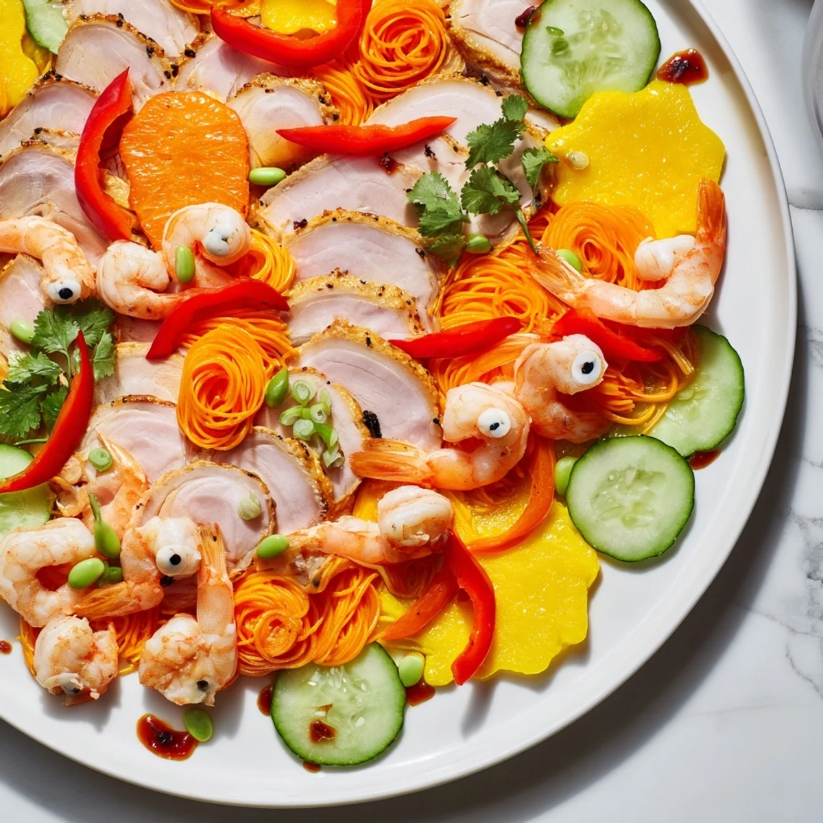 An appetizing Lunar New Year Dragon Platter features shrimp, veggies, and dipping sauces galore for guests.