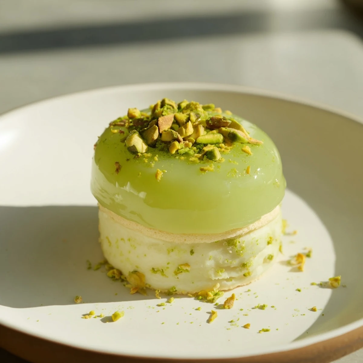 Glazed Grenouille Royale Petits Fours, bite-sized French cakes with pistachios; imagine the layers!