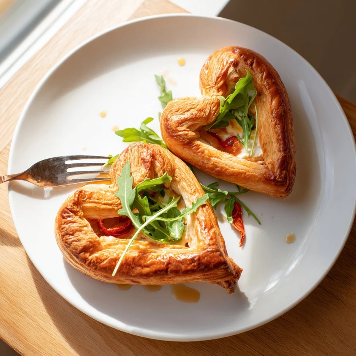 Golden brown Cœurs Entrelacés appetizer, showcasing puff pastry hearts filled with creamy goat cheese.