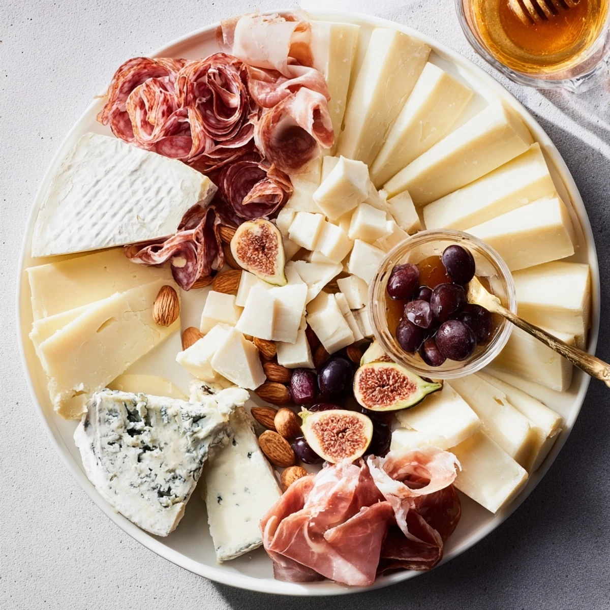 This delicious Plateau des Rois Mages Gourmand appetizer shows an assortment of cheese, figs, nuts, and jam.