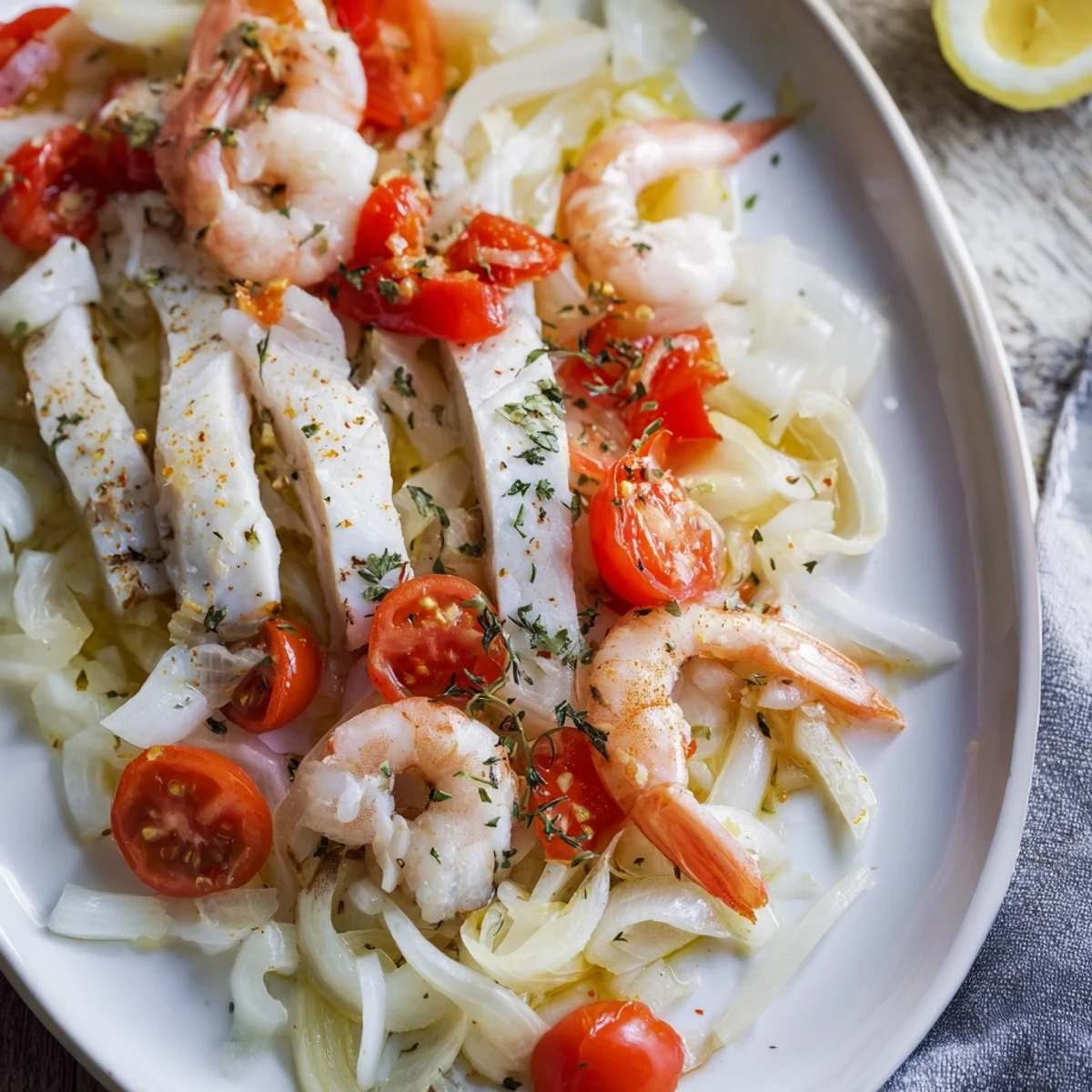 Vibrant Plongeons dans l'Océan Poisson Bleu showcasing flaky fish, colorful veggies, and zesty lemon, ready to serve.