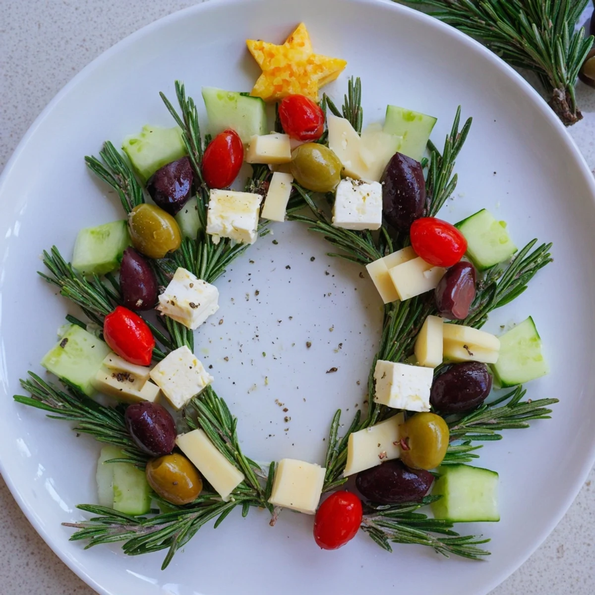 A visually stunning Cheese & Olives pine tree wreath appetizer with vibrant olives and cheeses.