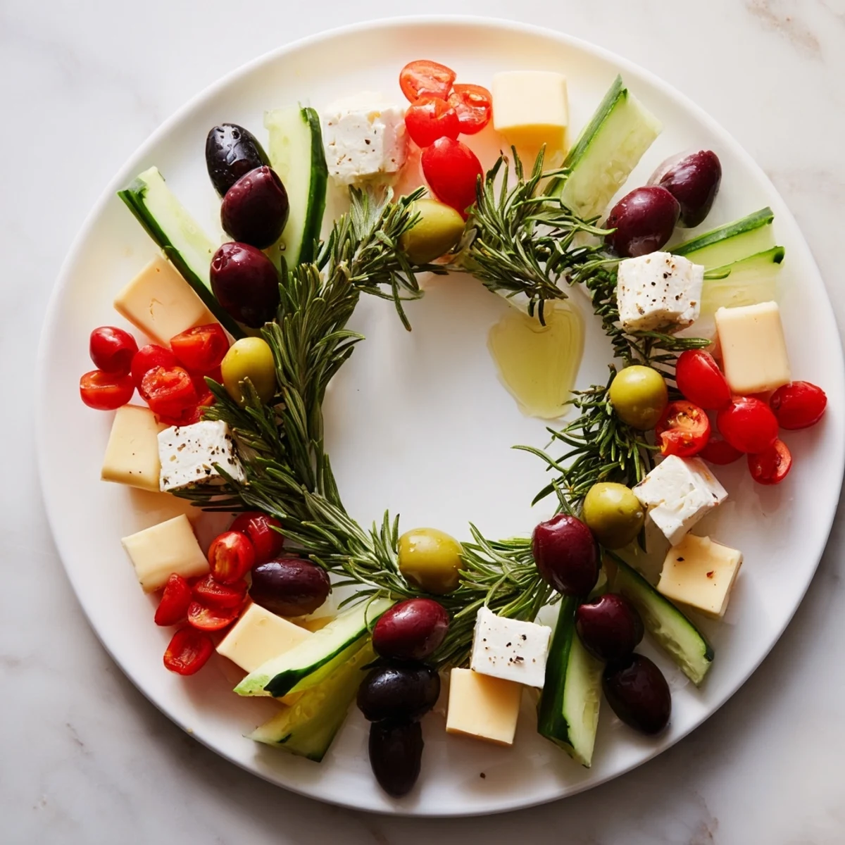 Artfully arranged Cheese & Olives wreath, a festive Mediterranean appetizer ready to serve immediately.