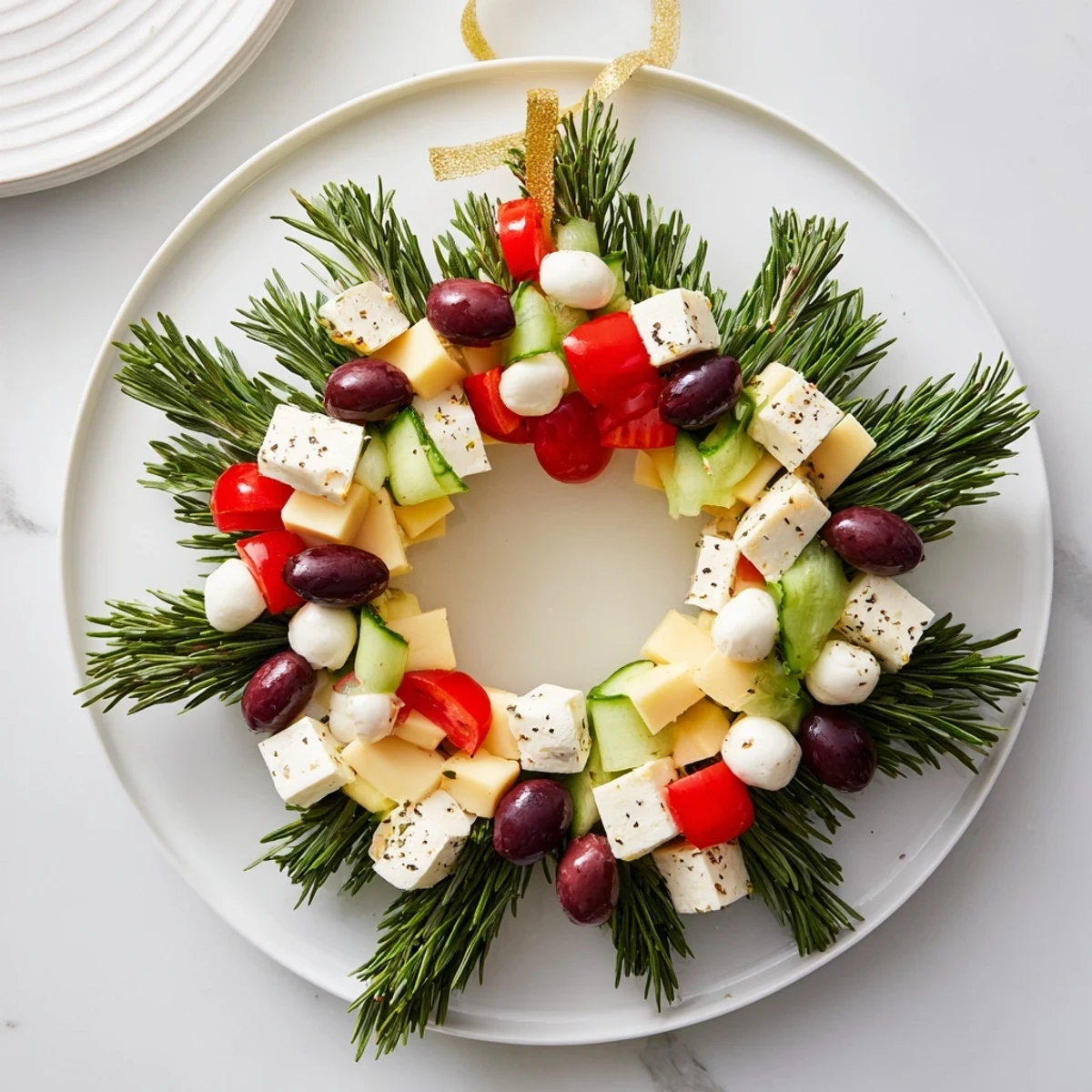 Savory Cheese & Olives wreath with colorful olives, cheeses, and rosemary, perfect for entertaining.