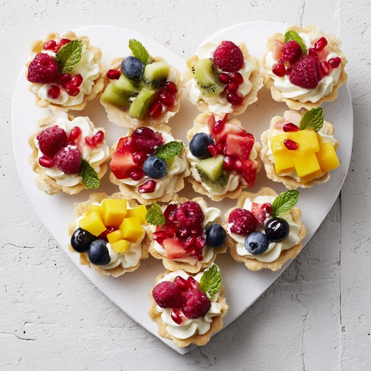 Heart Shaped Fruit Tart Board arranged with colorful berries and creamy filling, perfect for a romantic dessert.