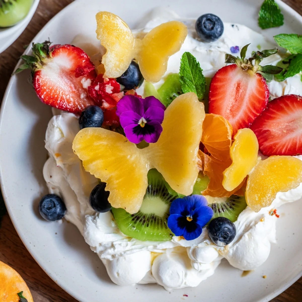 Butterfly Fruit and Cream Cheese Board: A colorful dessert platter showcasing fresh fruit and creamy, whipped cream cheese.