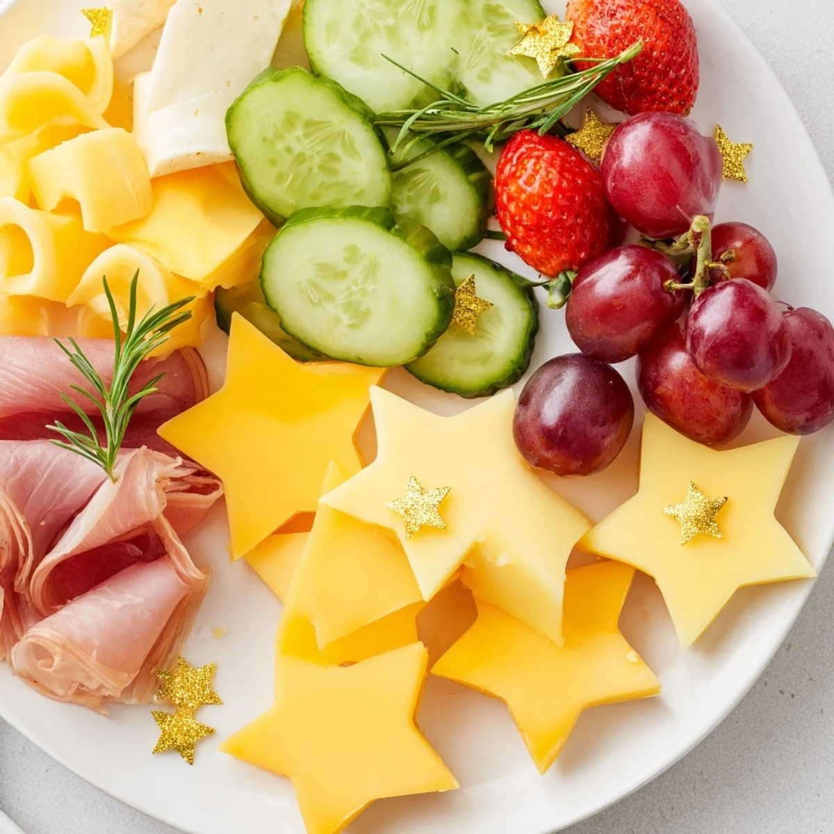 Appetizing Happy New Year 2026 Star Board, ready to serve, features cheese stars and rosemary sprigs.