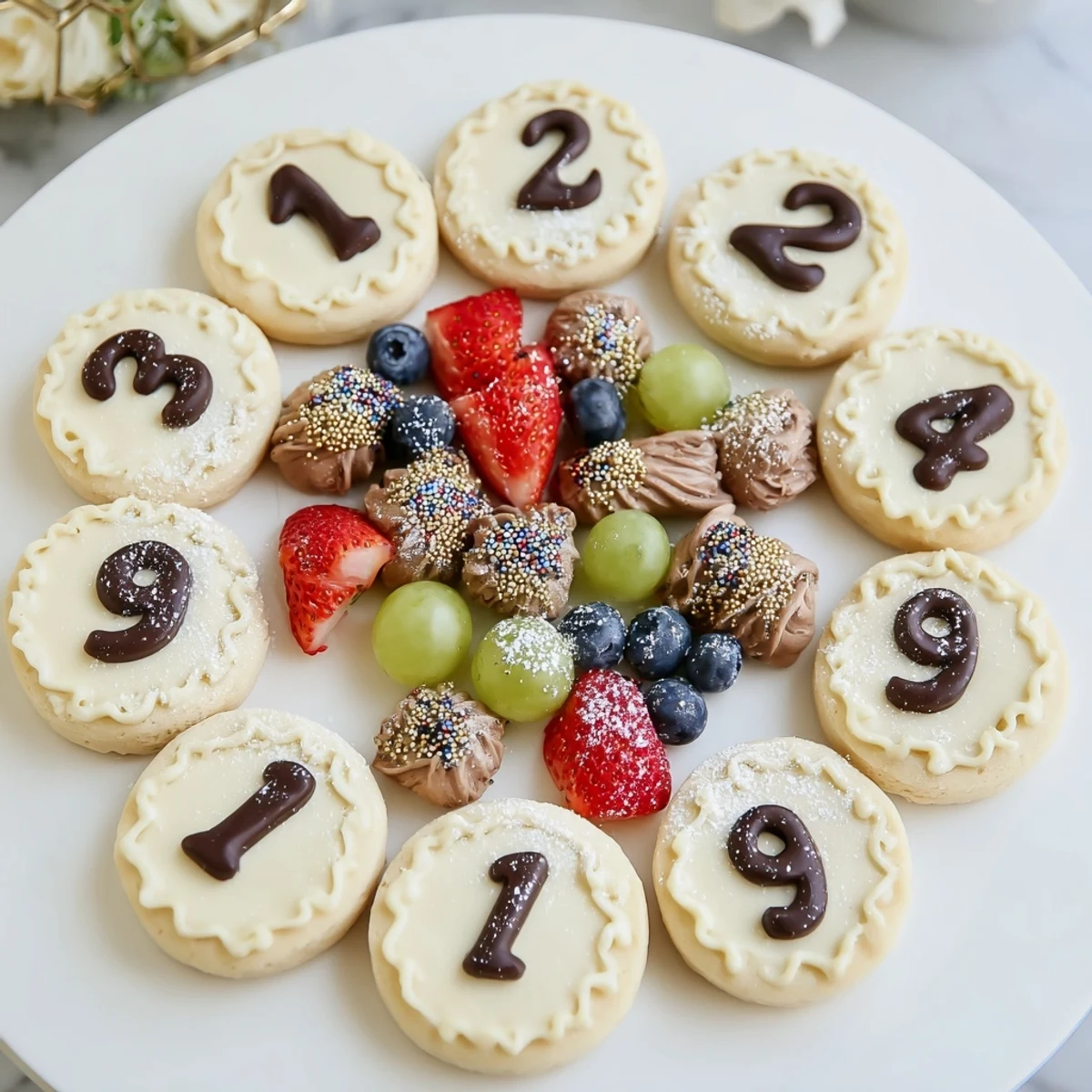 Sparkling New Year's Eve Clock Countdown Platter with glittering treats and fresh fruit, ready to serve.