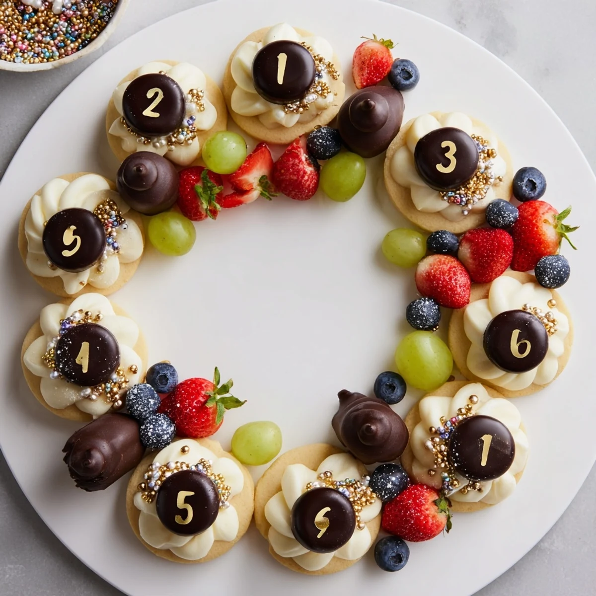 Festive Sparkling Clock Countdown Platter showcasing a beautiful array of desserts, perfect for a New Year's Eve party.