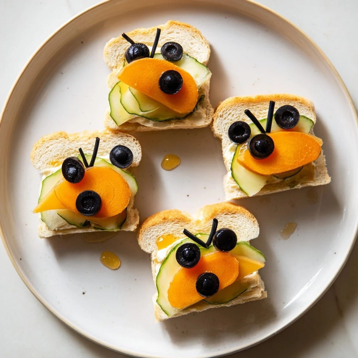 Colorful bee sandwiches with olive stripes nestled between fresh strawberries and grapes, great picnic food.