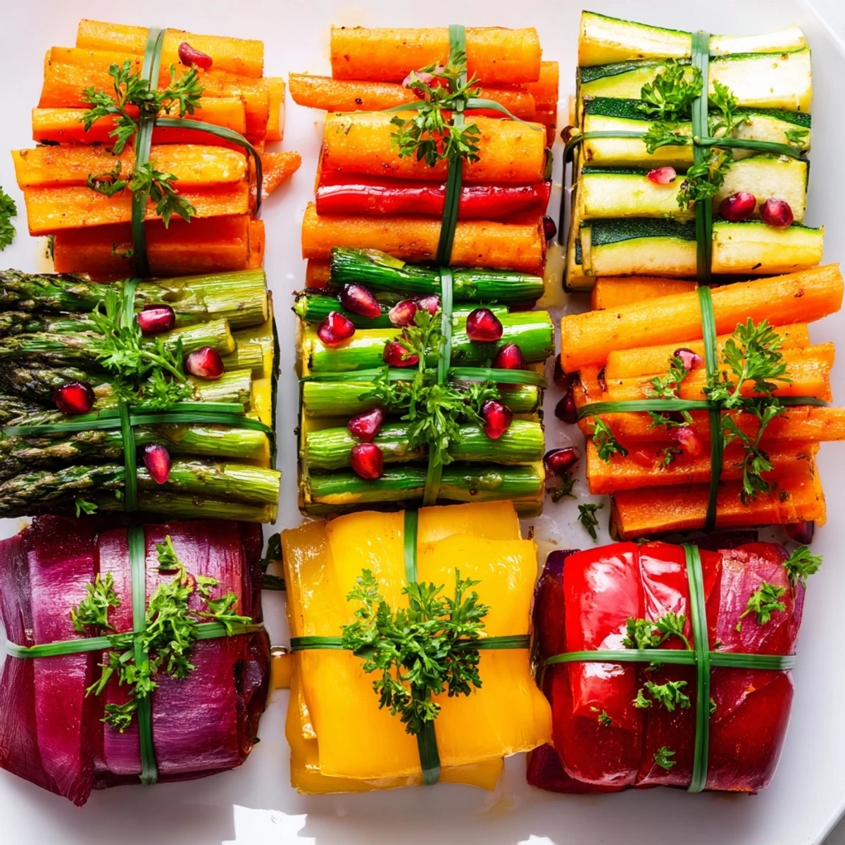 Roasted "Christmas Present" veggie crates, vibrantly colorful, seasoned to perfection, ready to serve.