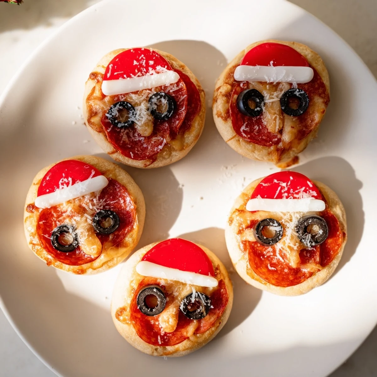 Warm Santa Belt Mini Pizza Bites with melted cheese and pepperoni belts, ready to eat.