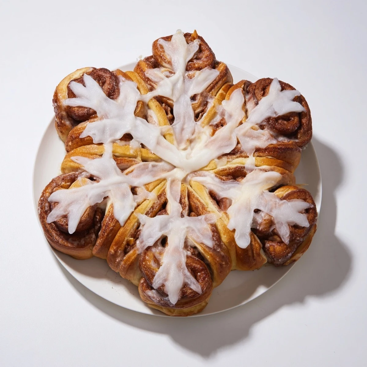A close-up of a warm, frosted Giant Snowflake Sweet Roll, fragrant with cinnamon and vanilla.