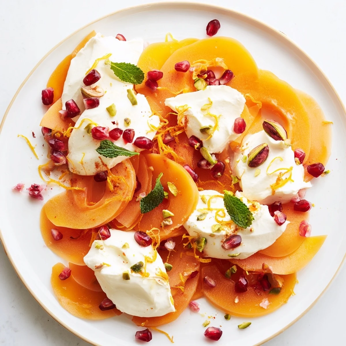 Vibrant Winter Fruit Snowscape dessert features sweet persimmons and crisp pears, snowy cream topping.