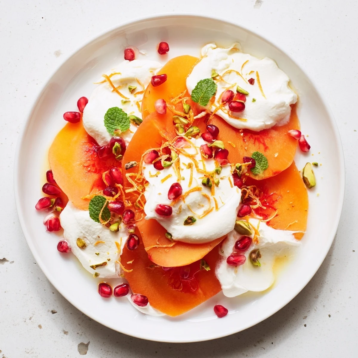 Bright, refreshing Winter Fruit Snowscape recipe with sliced persimmons, pears, a creamy mascarpone topping, garnished.
