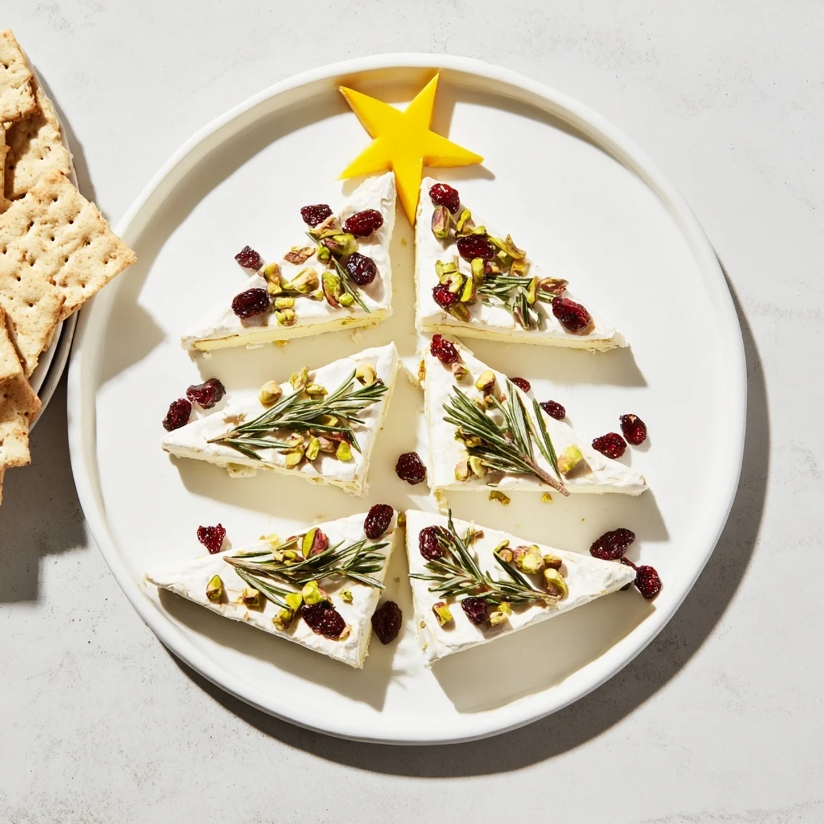 Delicious Simple Brie Triangle Cheese Tree appetizer, perfectly arranged with rosemary and cranberries, ready to serve.
