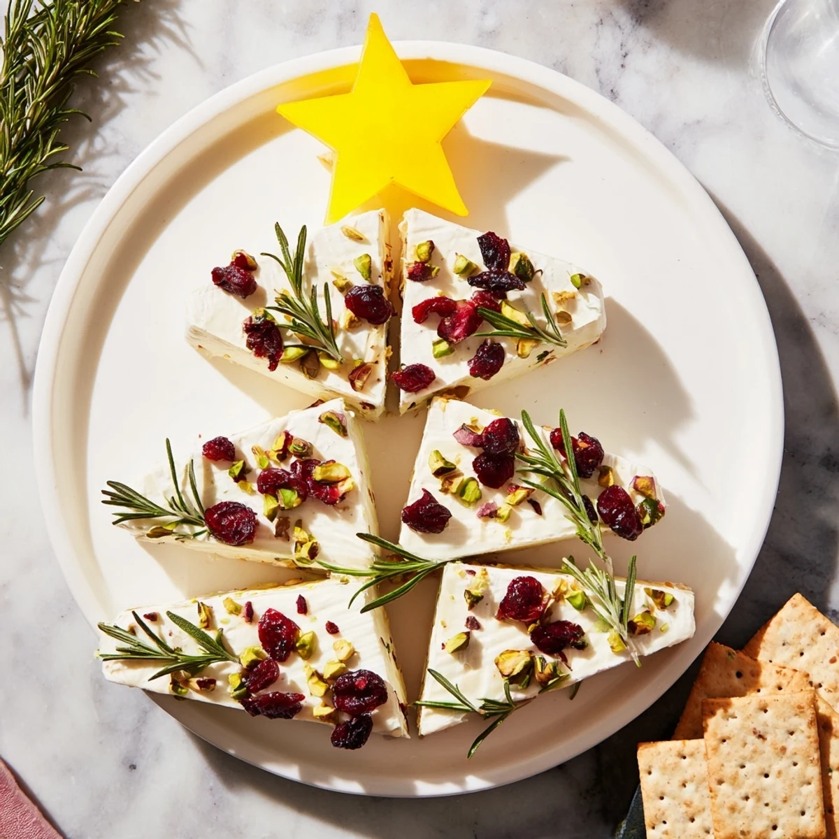 Festive and attractive, this Simple Brie Triangle Cheese Tree is decorated with fresh rosemary and pistachios.