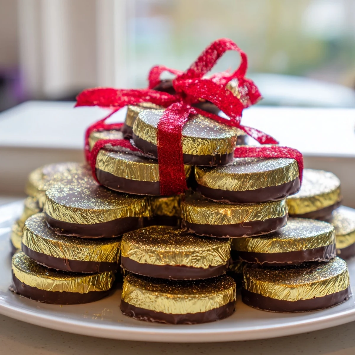 Stacked chocolate gold coins, tied with ribbon, a dazzling dessert perfect for holiday gatherings.