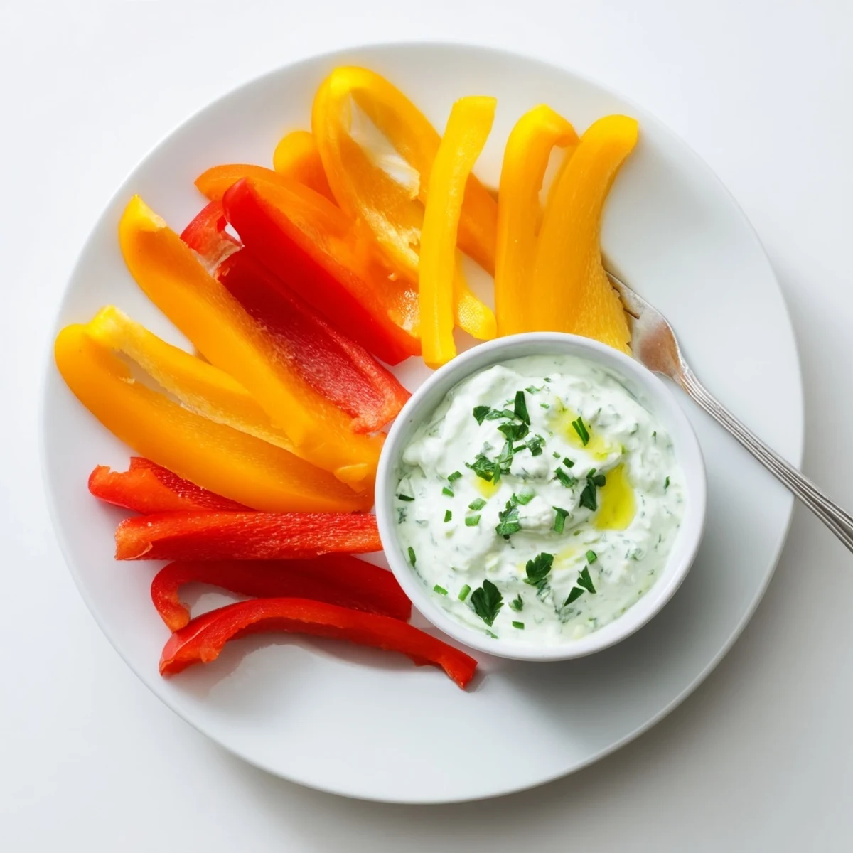 Freshly cut bell pepper strips served with tangy Greek yogurt dip, a healthy snack option.