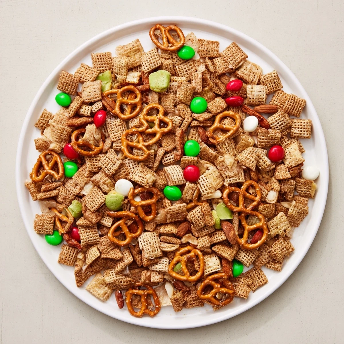 Warm, toasted Holiday Mix with colorful candies and pretzels offers a delightful snack.