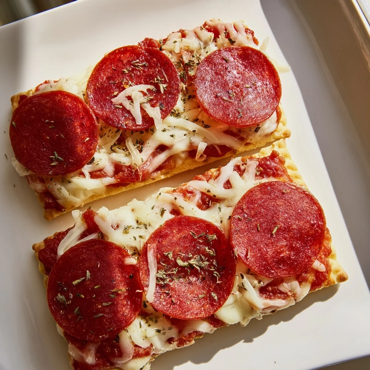 Melting mozzarella tops savory pepperoni and crackers in these easy oven-baked bites.