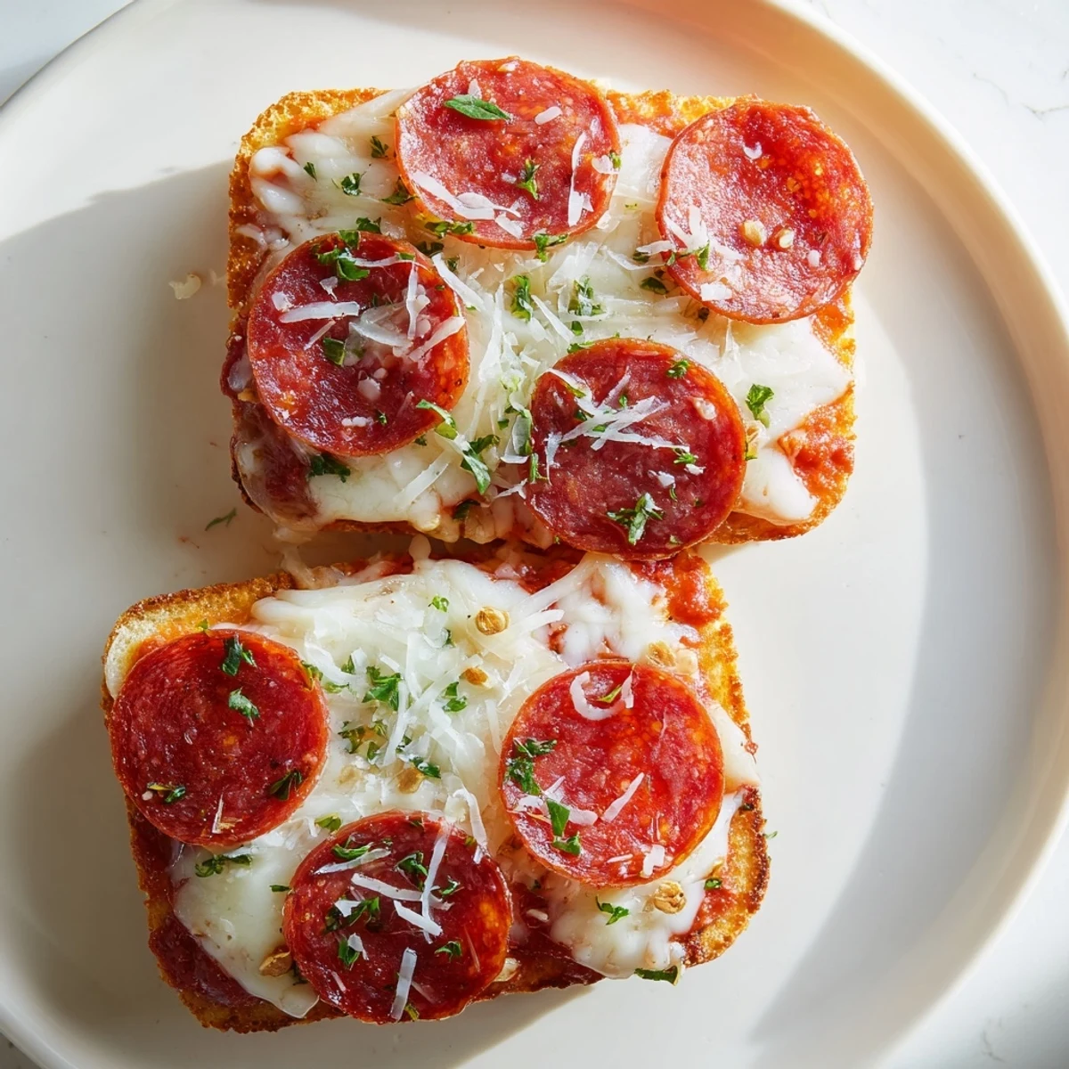 Crispy pepperoni and bubbling cheese on square crackers make perfect Savory Bites appetizers.