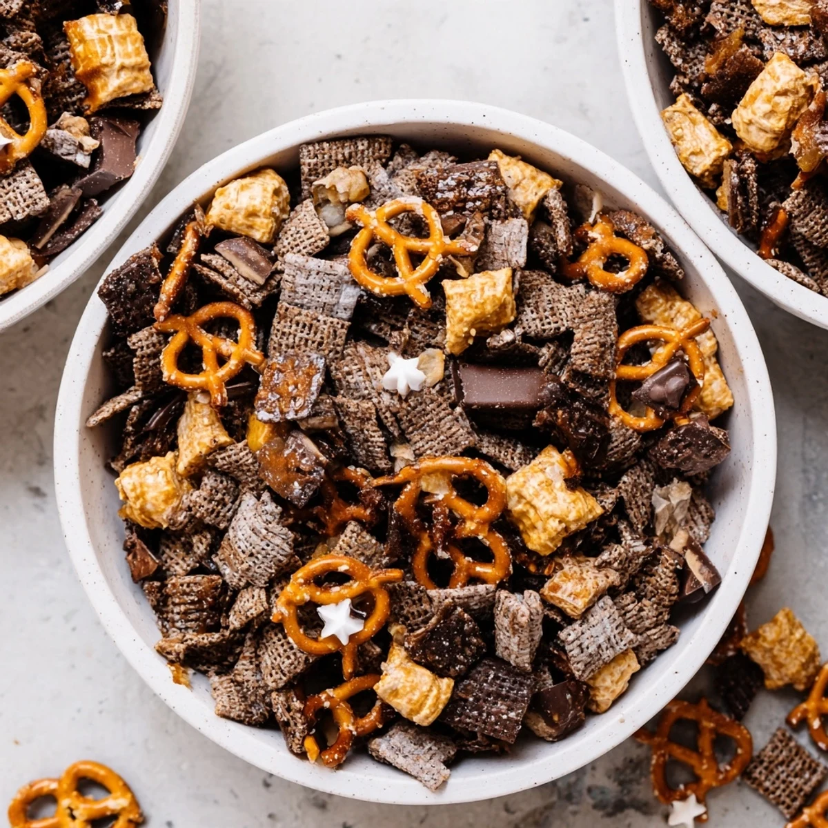 Crispy Gold and Black Midnight Snack Mix, sprinkled with gold accents, ready for New Year's celebrations.