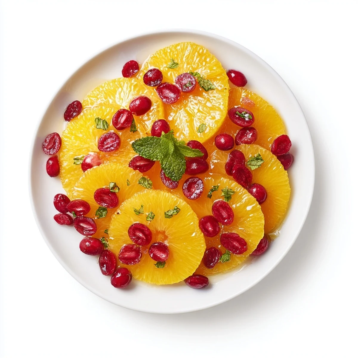 Fresh orange slices and tart cranberries, a festive winter fruit salad with a sprinkle of mint.