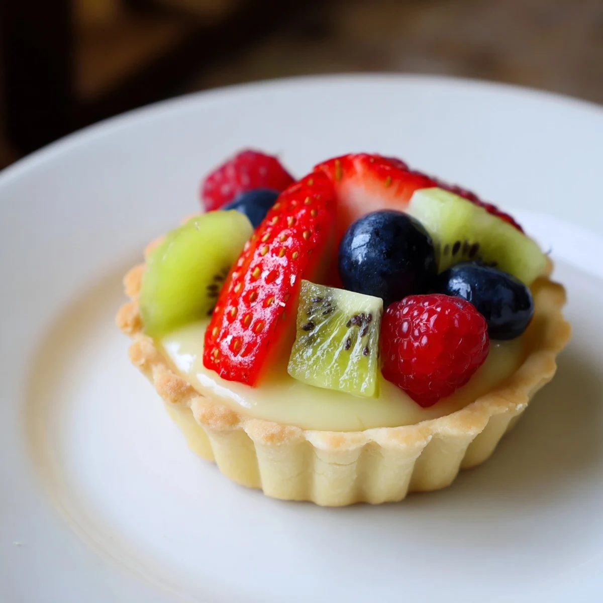 Mini fruit tartlets arranged in a circle, showcasing vibrant berries and kiwi atop creamy pastry filling, ready to serve.