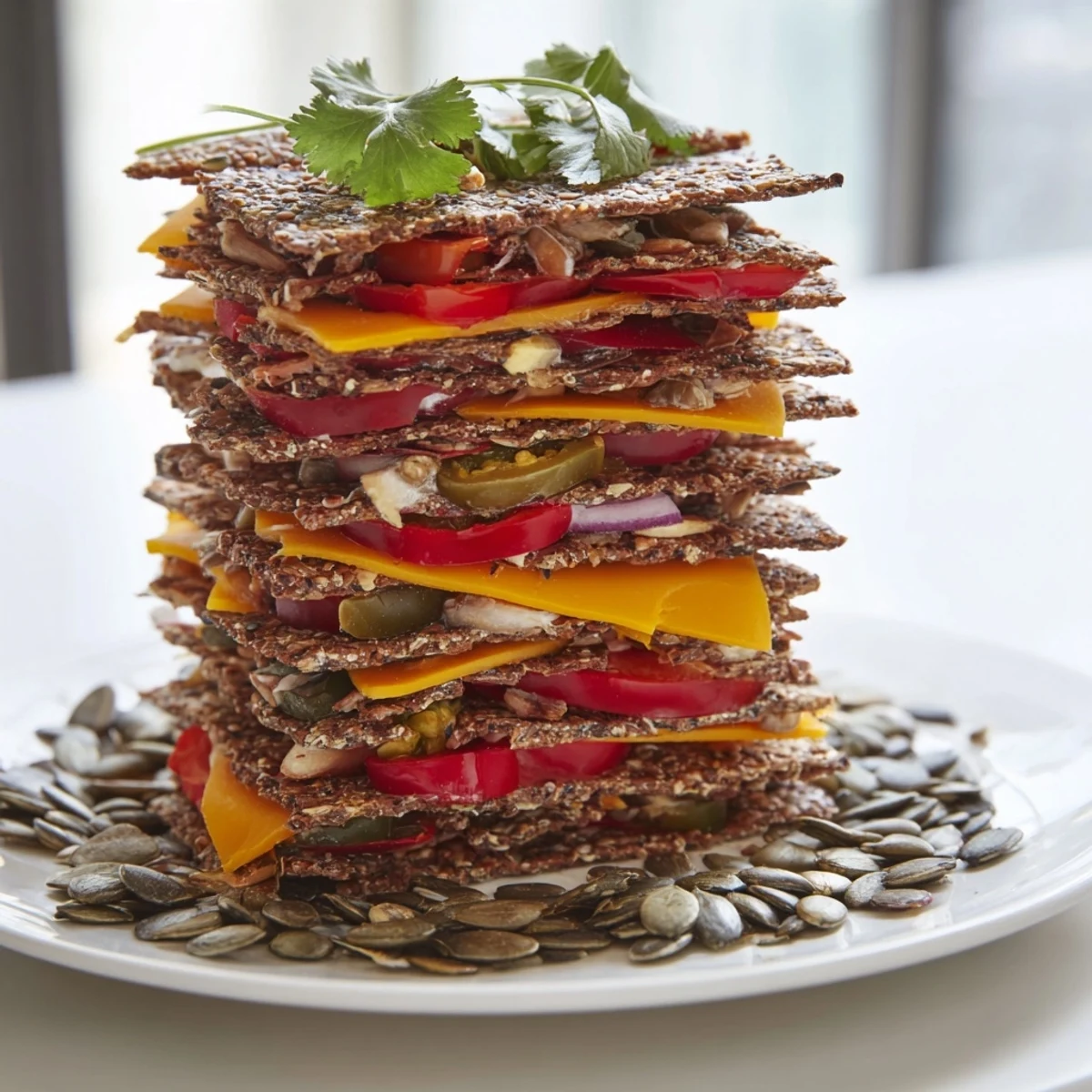 The Southwest Mesa appetizer featuring stacked cheeses, crackers, and cilantro, a Southwestern flavor explosion.