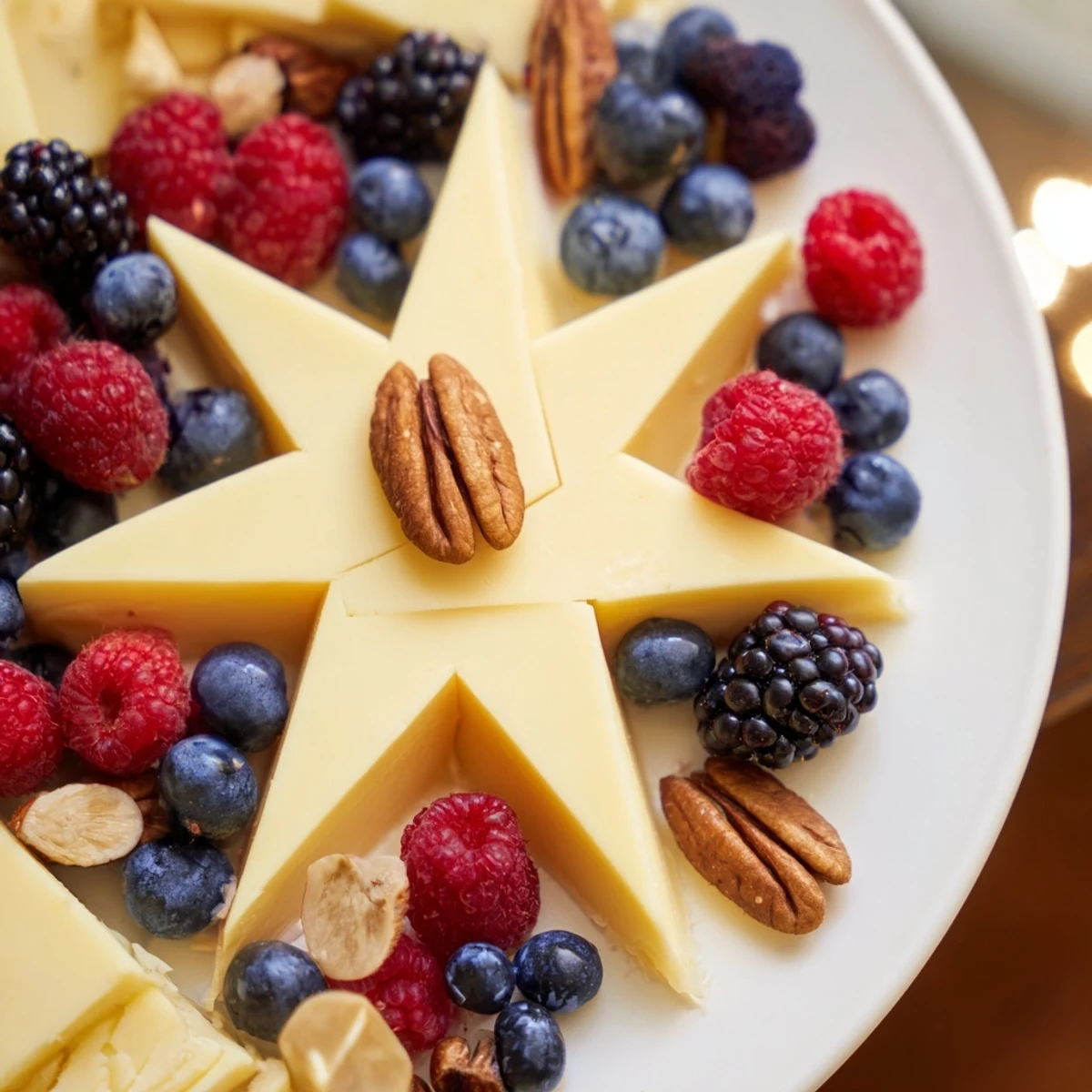 A Shooting Star Cheese Board, featuring a cheese star with a colorful trail of berries and nuts.