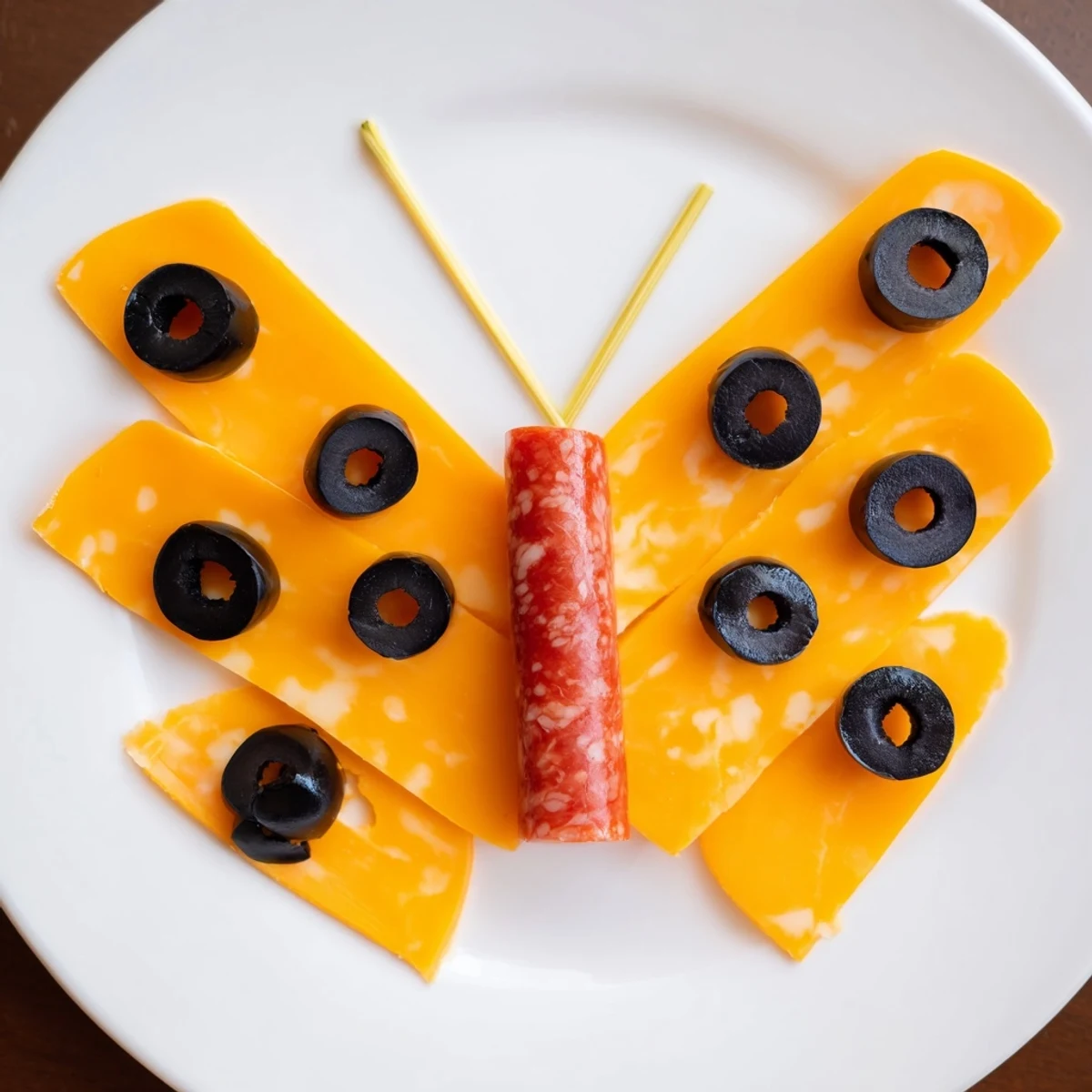 This Butterfly Migration appetizer features a creative, eye-catching arrangement with black olive details.