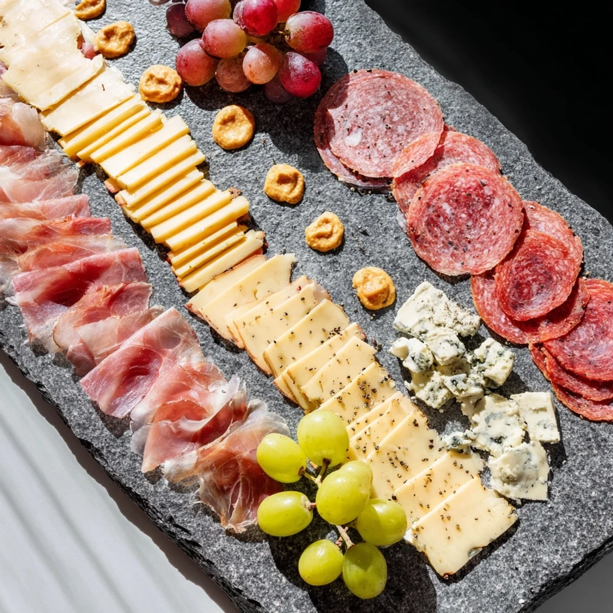 Industrial Slate charcuterie board, with layers of meats and cheeses ready to serve.