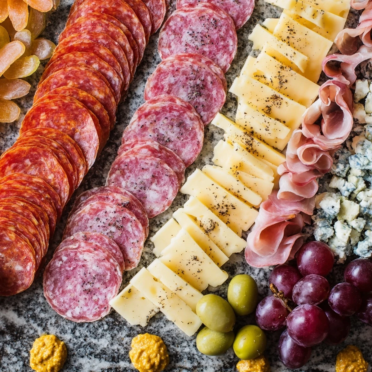 The Industrial Slate appetizer, showcasing an arrangement of meats, cheeses, grapes, and olives.