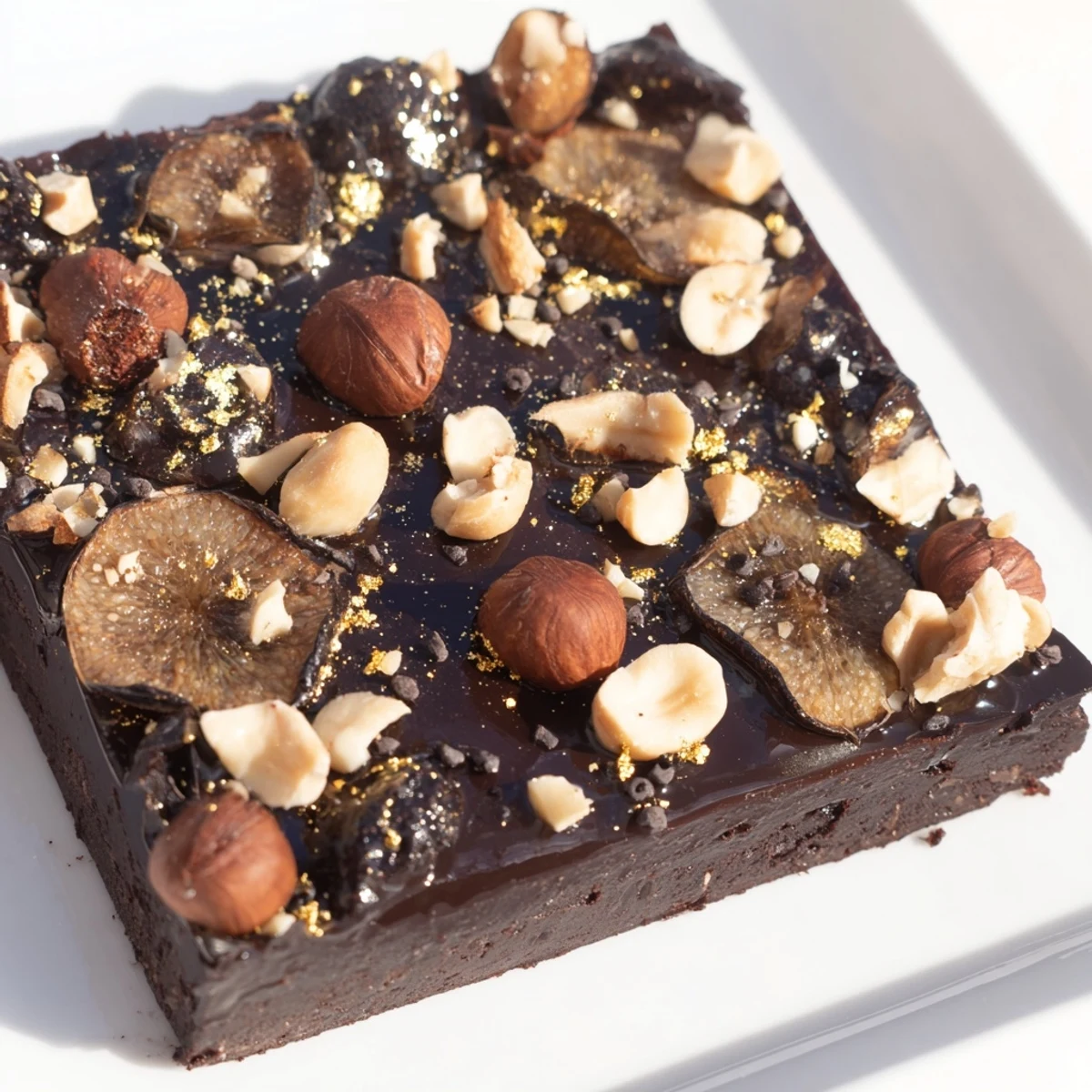 A close-up of The Midnight Mosaic shows a decadent slice with figs and olives.