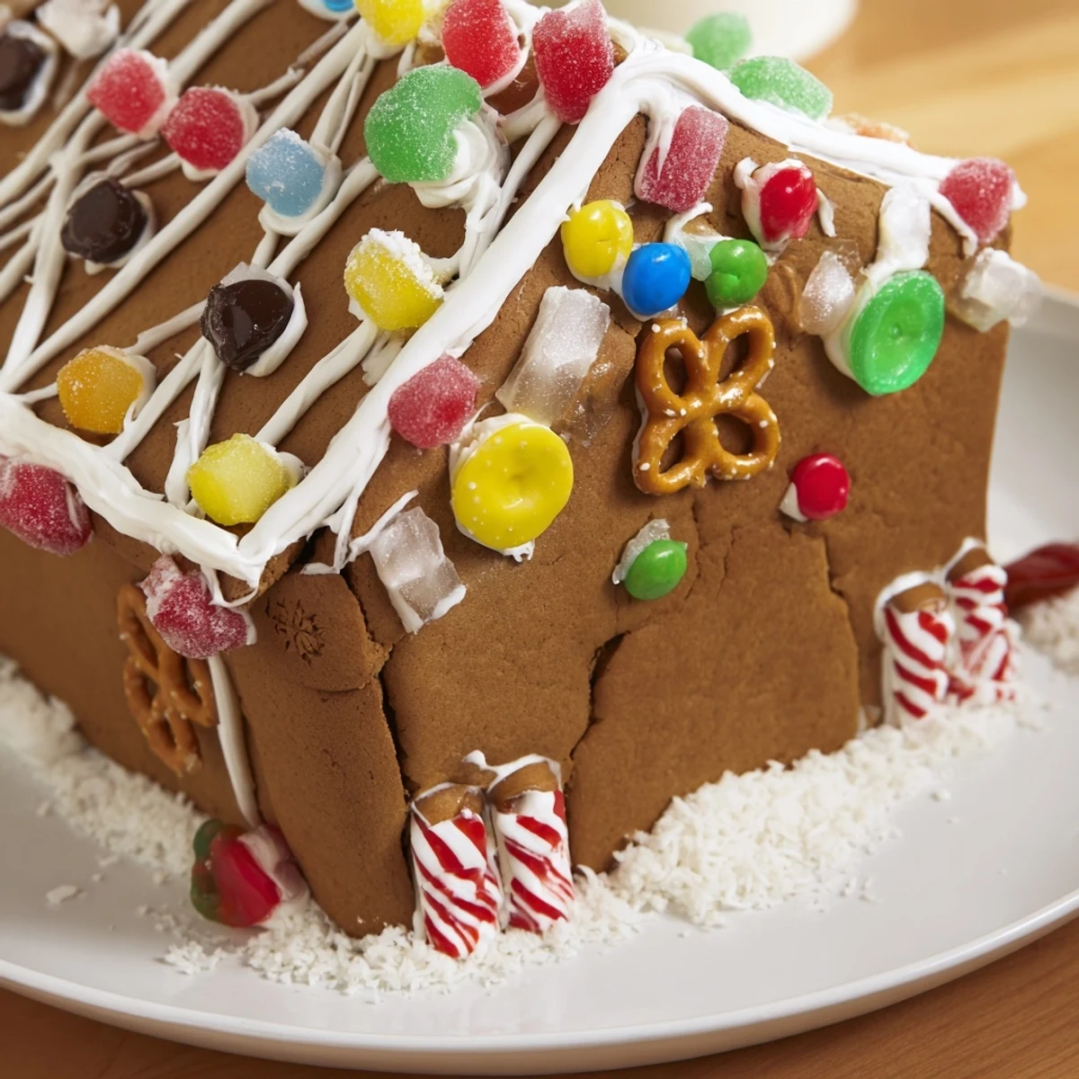 A detailed view of the charming gingerbread house decorating, ready for holiday festivities.