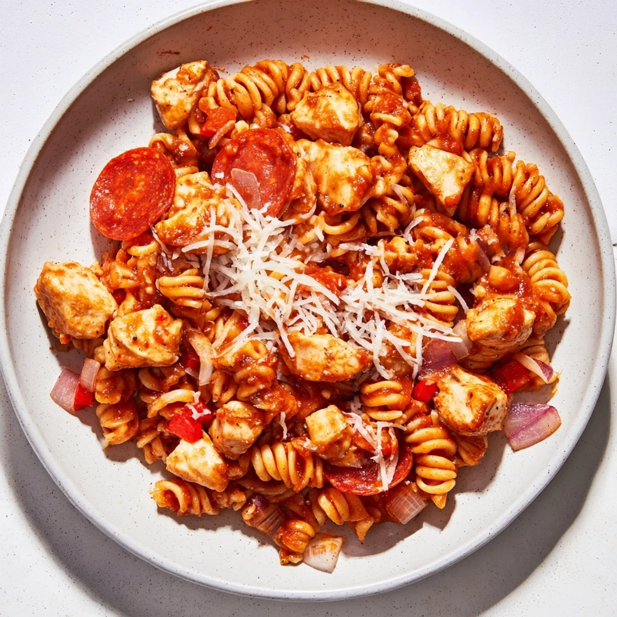 This delicious One-Pan Pizza Pasta showcases melted cheese and pasta, with a colorful sauce.