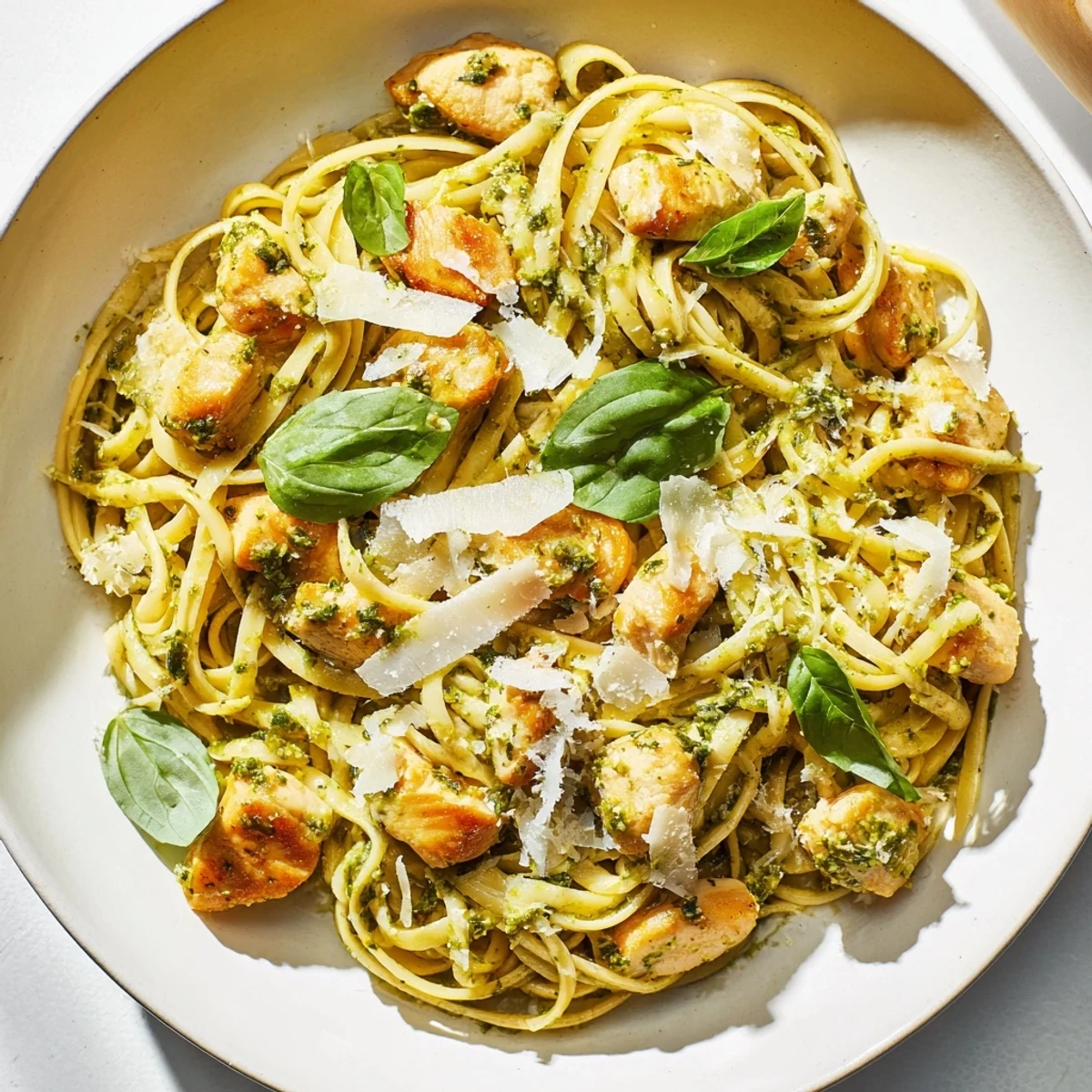 Warm Pesto Egg and Chicken Pasta plated with Parmesan, basil, ready to eat.