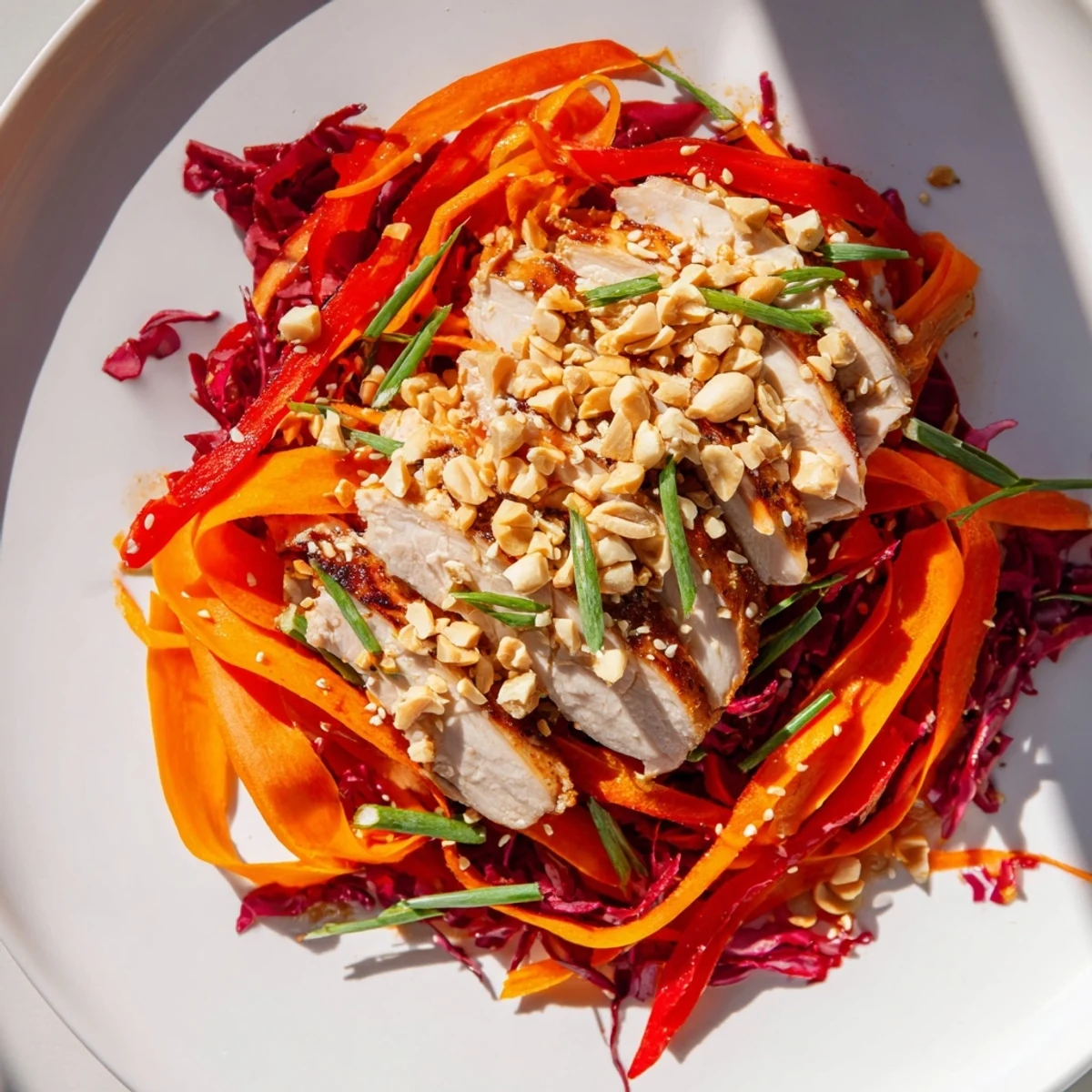 Carrot Ribbon and Chicken Slaw bursting with freshness, vibrant colors, and tender chicken slices.