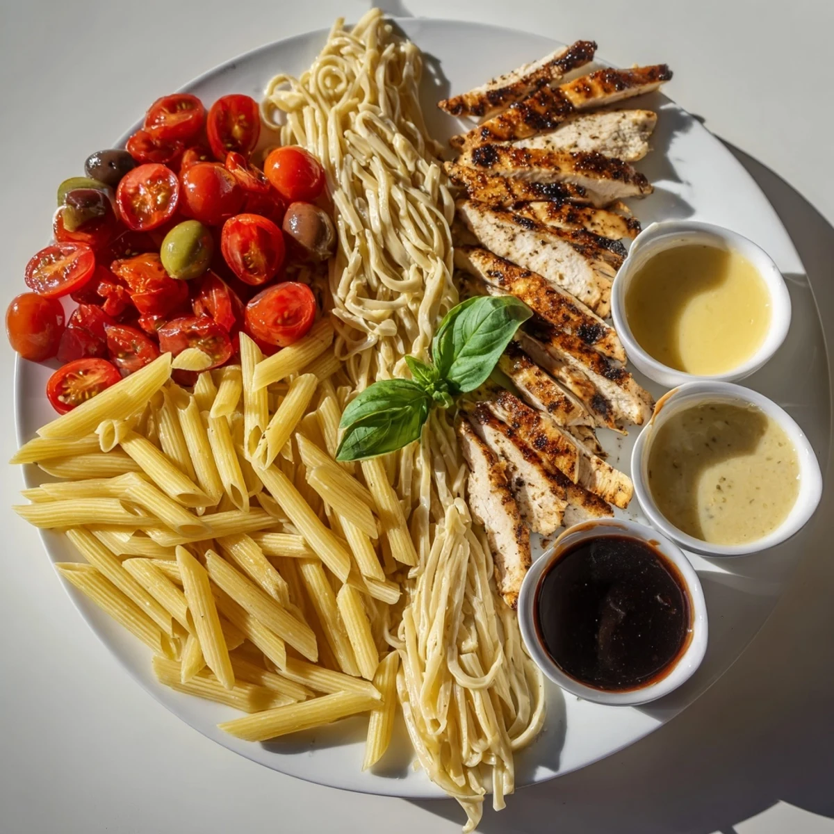Girl Dinner Pasta Board, a colorful platter with grilled chicken and three pasta shapes.