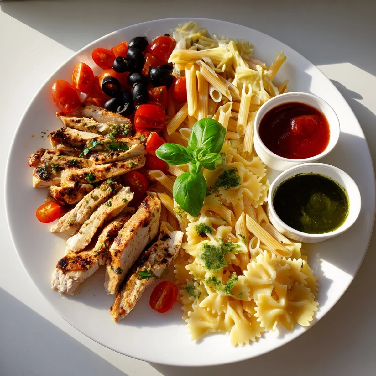 Visualizing a delightful Girl Dinner Pasta Board: pasta, chicken, vibrant tomatoes, and basil.